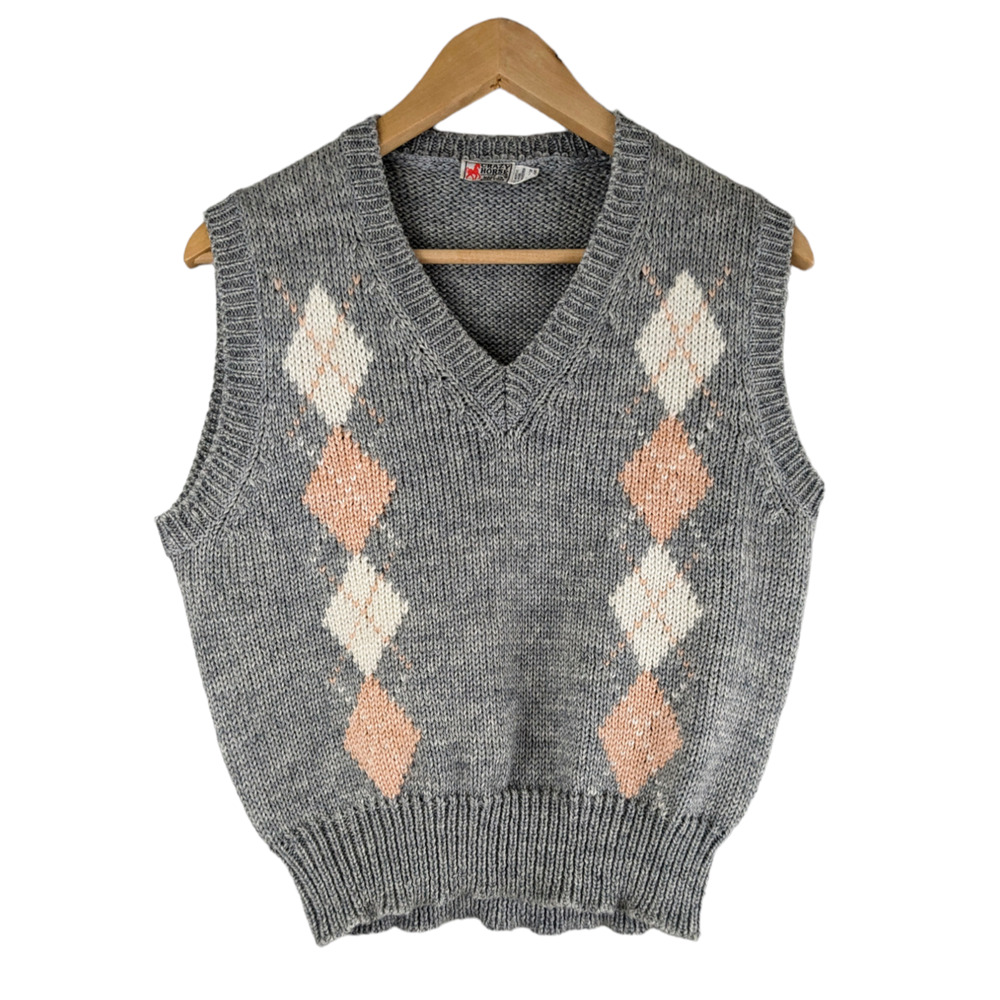 CRAZY HORSE Vintage Gray & Pink Argyle Sweater Vest